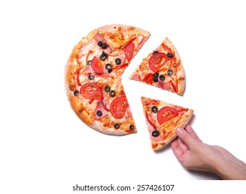 Male Hand Picking Tasty Pizza Slice, Top View, Isolated On White Background  