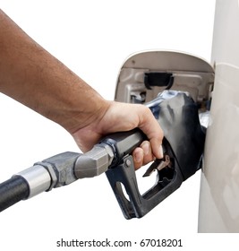 Male Hand Pumping Gas Isolated On A White Background