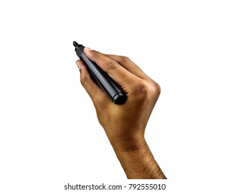 Male hand is ready for drawing and black marker  Isolated white 