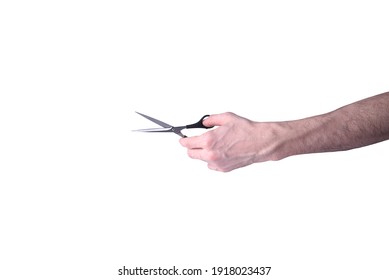 Male Hand With Scissors On White Isolated Background