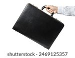 Male hand in a shirt holding briefcase isolated on white background with clipping path. Black premium quality business briefcase in male hand