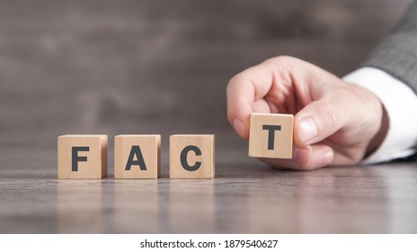 Male Hand Showing Fact Word On  Wooden Cube.