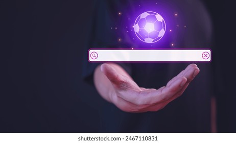 Male hand showing the internet search bar. SEO technology networking engine optimization internet with search bar. Searching browsing internet data information for Football live program concept.