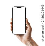 Male hand showing smartphone with white blank screen mock-up