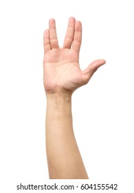 Male Hand Showing Vulcan Salute Isolated On White Background