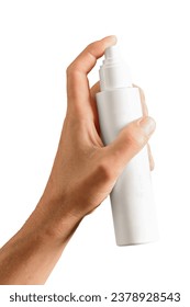 Male hand spraying lotion from bottle package mockup, white blank clean cosmetic pack isolated on white