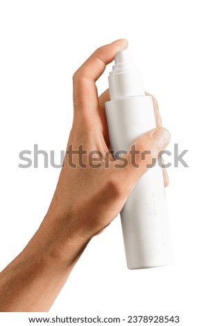 Male hand spraying lotion from bottle package mockup, white blank clean cosmetic pack isolated on white