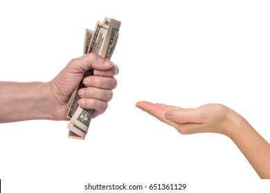 Male hand squeezing tightly some banknotes, on white background