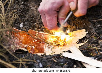 Male Hand Starts Fire With Magnesium Fire Steel, Fire Striker