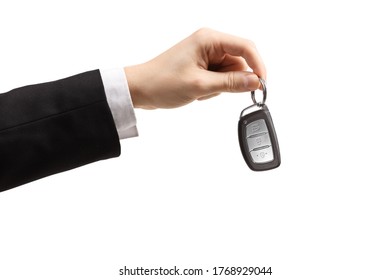 Male Hand In A Suit And White Shirt Holding Car Keys Isolated On White Background