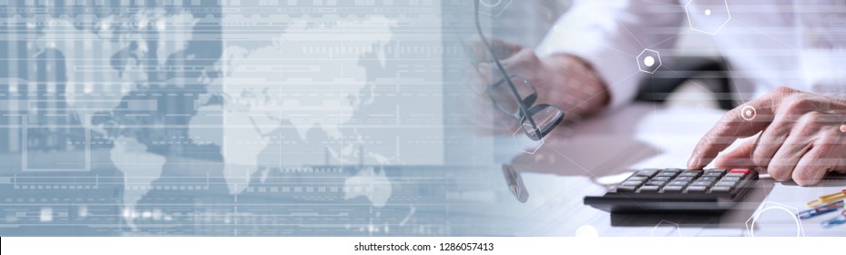 Male Hand Using Calculator, Accounting Concept, Light Effect, Overlayed With Diagrams. Panoramic Banner