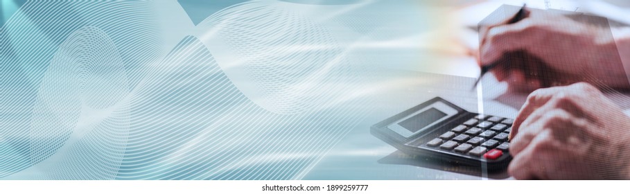 Male Hand Using Calculator, Accounting Concept, Light Effect, Double Exposure; Panoramic Banner