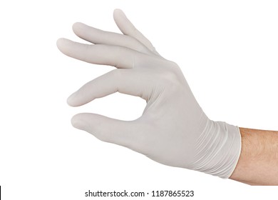 Male hand in white medical glove pretending to hold medicine isolated on white background