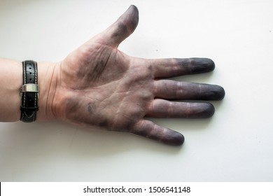 A Male Hand Without Gloves In Ink From A Printer. Indelible Paint. Clear Lines On The Hand, Palm Reading.
Blonny Background, Natural Light. Dirty Open Left Palm.