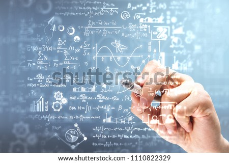 Male hand writing mathematical formulas on blurry background. Science and algebra concept. Double exposure 