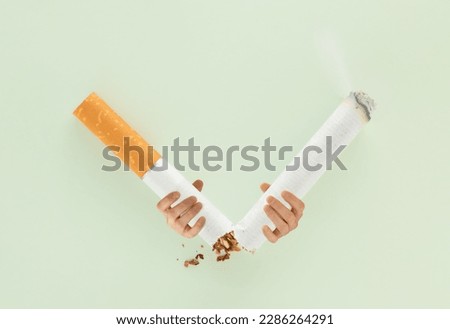 Male hands breaking cigarette on isolated pastel green background. Minimal creative abstract surrealism. Break free from dangerous smoking addiction. World No Tobacco Day card. Quit smoking concept.