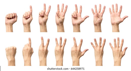Male hands counting from zero to five isolated on white background