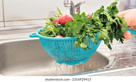 male hands holding plastic colander filled with fresh ripe vegetables and herbs under splashing water above kitchen sink where other vegetables are stored.