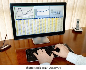 Male Hands On The Keyboard In Front Of Computer Screen With Financial Data And Charts