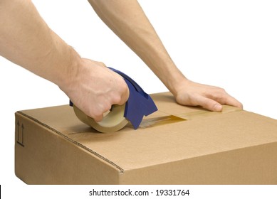 Male hands taping up a packet, isolated on pure white