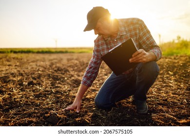 Male Hands Touching Soil On The Field. Expert Hand Of Farmer Checking Soil Health Before Growth A Seed Of Vegetable Or Plant Seedling. Business Or Ecology Concept.