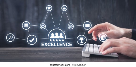 Male hands typing in computer keyboard. Excellence. Quality. Business - Shutterstock ID 1982907584