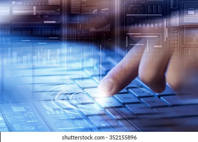 Male Hands Typing On Keyboard Over Digital Background