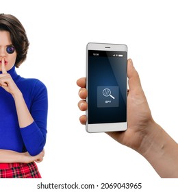 Male Hands Using Hidden Spy Camera And Mobile App, Woman With Built-in Lens On The Background Making Silence Gesture