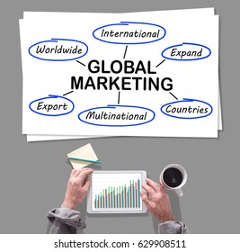 Male hands using tablet in front of global marketing concept