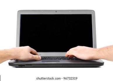 Male Hands Are Working On Laptop, Cut Out From White