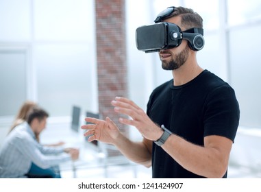 Male handsome patient with modern VR goggles