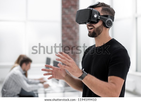 Male handsome\
patient with modern VR\
goggles