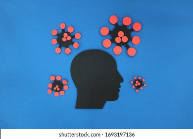 Male Head Profile In Black Silhouette With Coronavirus Around In Blue Background. Depression, Feeling Of Isolation And Mental Health Issue During Covid-19 Coronavirus Pandemic.