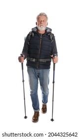 Male hiker with backpack and trekking poles on white background
