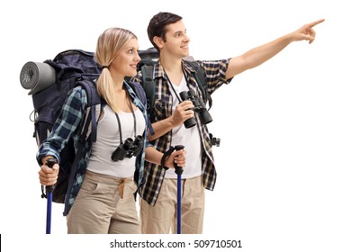 Male Hiker Showing Something In The Distance To A Female Hiker Isolated On White Background