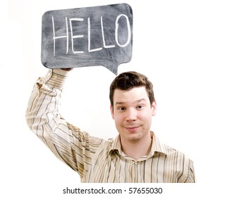 Male Holding Hello Sign.