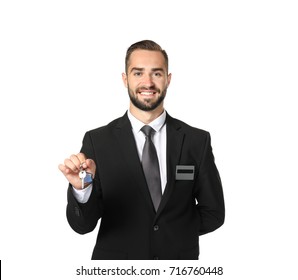 Male Hotel Receptionist Holding Room Key On White Background