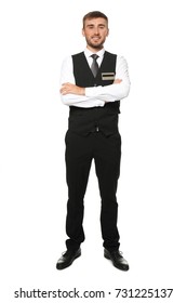 Male Hotel Receptionist In Uniform On White Background