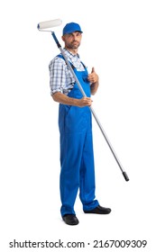 Male House Painter In Blue Coveralls With Paint Roller Tool Isolated On White Background