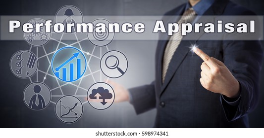 Male HR manager in blue suit is initiating a Performance Appraisal. Human resources management metaphor and business concept for performance review or evaluation and career development discussion.