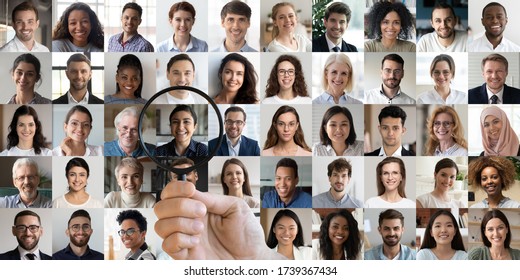 Male hr manager holding magnifying glass head hunting choosing finding new unique talent indian female candidate recruit among multiethnic professional people faces collage. Human resources concept. - Shutterstock ID 1739367434