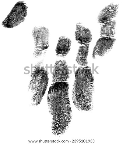 Male imprint of hand on a white paper, top view. Palm print.