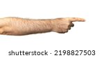 Male index finger pointing isolated. Hairy hand in air, man pointing the direction on white background