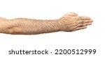 Male index finger pointing isolated. Hairy hand in air, man pointing the direction on white background