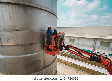 Male industry working at high in a boom liftinspection tank silo stainless