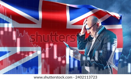Male investor from great Britain. Trader grabs his head. English flag behind business man. Englishman bankrupt. Investor from great Britain stock exchange. Graph down near financier bankrupt