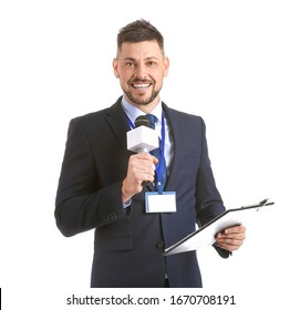 Male Journalist With Microphone On White Background