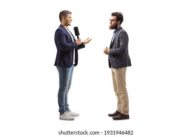 Male Journalist With A Microphone Talking To A Bearded Man Isolated On White Background