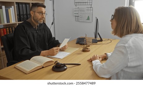 Male judge talking with female client in an office setting with legal books and scales present on the desk. - Powered by Shutterstock