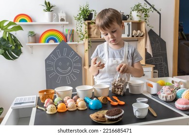 Male Kid Childish Kitchen Staff In Uniform Playing Public Catering Service Cafe Counter Ice Cream Dessert Toy Imitation. Baby Boy In Apron Cuisine Shop Bakery Early Development Playthings Imagination